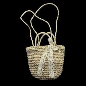 Womens Straw Crochet Small Tote Shoulder Bag Cream Lace Bow Summer Boho